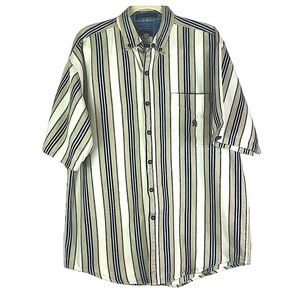 Coliseum Jeans striped short sleeve button down shirt Sz L taupe/blue/cream MEN